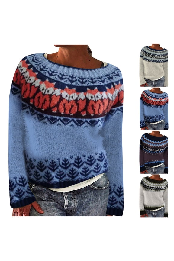 Sweater for Women Knit Boho Retro Winter Fall Fashion Casual Loose Sweaters Crewneck Long Sleeve Trendy Pullover (Navy, M)