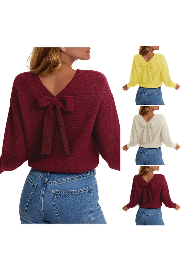 Sweaters for Women Long Sleeve Fall Outfits 2025 Back Bow Knot Sweaters Round Neck Solid Knit Pullover Tops (Red, L)