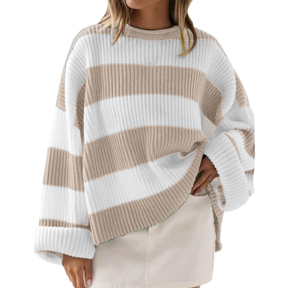 zaveiop Sweaters for Womens Fall Winter Y2K Oversized Preppy Jumper Sweaters Lightweight Knit Color Block Pullover Sweater (Z3-Khaki, M)