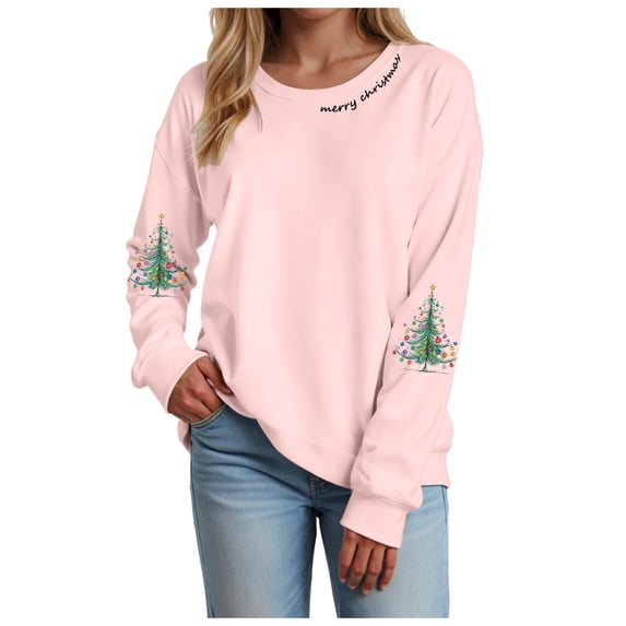 zaveiop Sweatshirt for Women Novelty Casual Long Sleeve Christmas Tree Print Crewneck Printed Pullover Oversized Cute Loose Thermal Comfort Tops (Z1-Pink, XXL)
