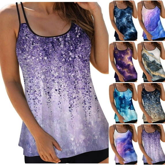 zaveiop Swim Suits for Women 2025 Women's High Neck Tankini Tops Only Tummy Control Swimsuit Top Ruched Swim Top without Bottoms (Light Purple, M)