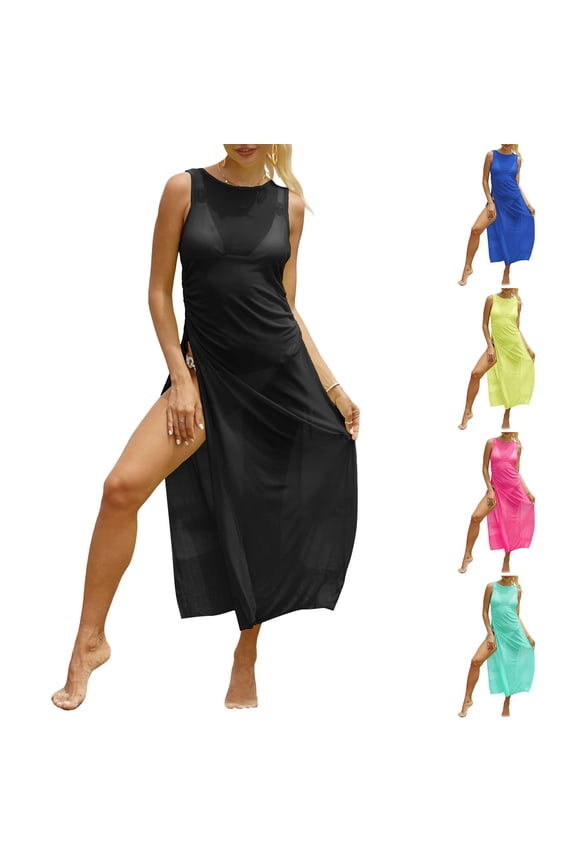 Swimsuit Women Cover up High Split Drawstring Mesh Dress for Women Swimwear Bikini Cover up See Through Dress (Black, One Size)