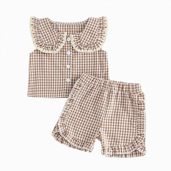 zaveiop Toddler Baby Girl OutfitCollar Sleeveless Vest Tops Gingham Print Elastic Waist Shorts Set Summer Clothes (Khaki, 12-18 Months)