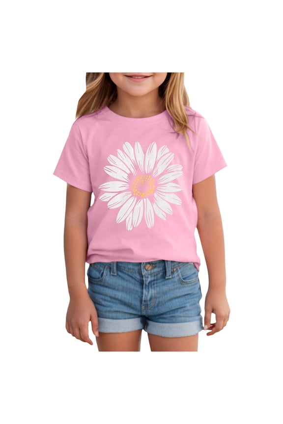 Toddler Girl Flower Shirt Cute Daisy Flower Graphic T-Shirt Kids Boho Wildflower Short Sleeve Tees Summer Casual Tops (Pink, 3-4 Years)