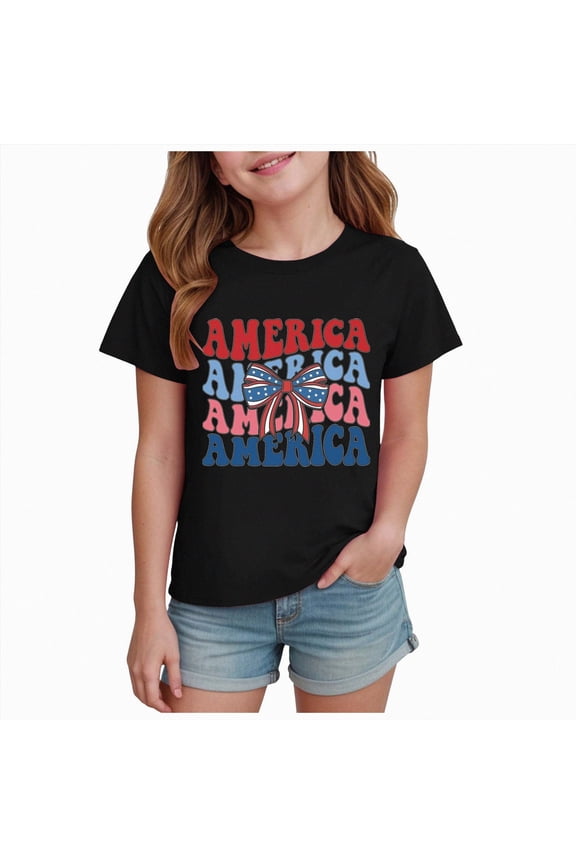 Toddler Girls 4th of July Shirt Anniversary 250th T-Shirt Retro American Bow Tee Kids Top (Black, 2-3 Years)