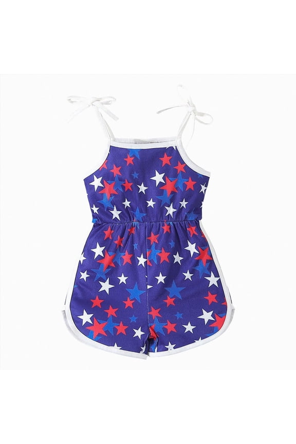 Toddler girl 4th of July Tie-up Spaghetti Straps Stars Romper 12M 18M 2T 3T 4T Girls 4th of July (Blue, 2-3 Years)