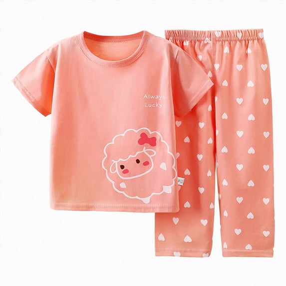 zaveiop Tween Girls 2Pcs Outfit Set Casual Two Piece Short Sleeve Tops and Wide Leg Pants Cartoon Printed Crewneck Soft Clothing Sets (Pink, 3-4 Years)