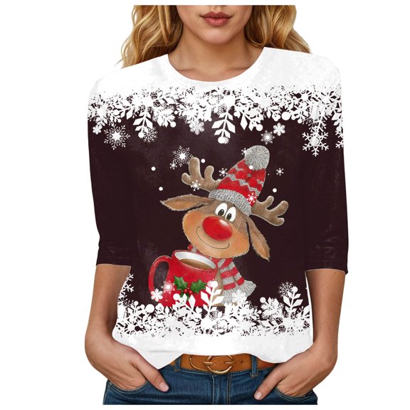 zaveiop Ugly Christmas Shirt Women Claus Reindeer Print Graphic Pullover Tops Winter Holiday 3/4 Sleeve Crewneck Tees (Z3-Brown, XXL)