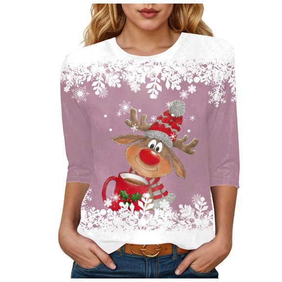 zaveiop Ugly Christmas Shirt Women Claus Reindeer Print Graphic Pullover Tops Winter Holiday 3/4 Sleeve Crewneck Tees (Z3-Pink, S)