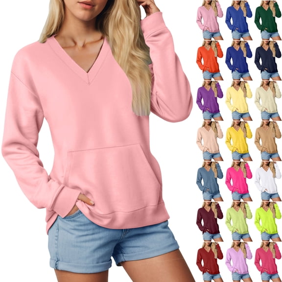 zaveiop V Neck Sweatshirt Women with Pocket Fleece Long Sleeve Oversized Sweatshirt Fall Y2k Comfort Hoodies Pullover Sweaters (White, M)