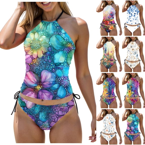 zaveiop Vibrant Tie Dye Women's Tankini Swimsuit Two Piece Tummy Control Bathing Suits Tie String Swimwear (Pink, L)