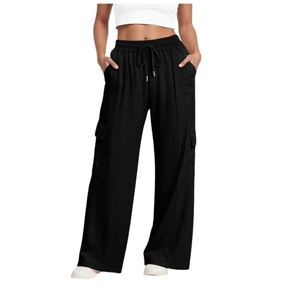 zaveiop Wide Leg Cargo Sweatpants for Women Baggy Drawstring High Waisted Jogger Loose Comfy Athletic Pants with Pockets (Z1-Black, XL)