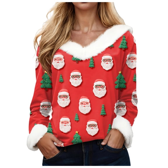 zaveiop Woman Christmas Sweater Faux Fur Trim V Neck Sweatshirts Xmas Christmas Snowman Print Women's Shirts Winter Warm Plus Size Pullover Tops Shirts (Z2-Pink, S)
