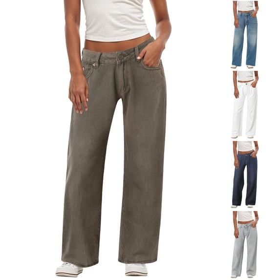 zaveiop Woman Loose Washed Denim Pants Clothing Straight Minimalist Basic Retro Jeans (Grey, XL)