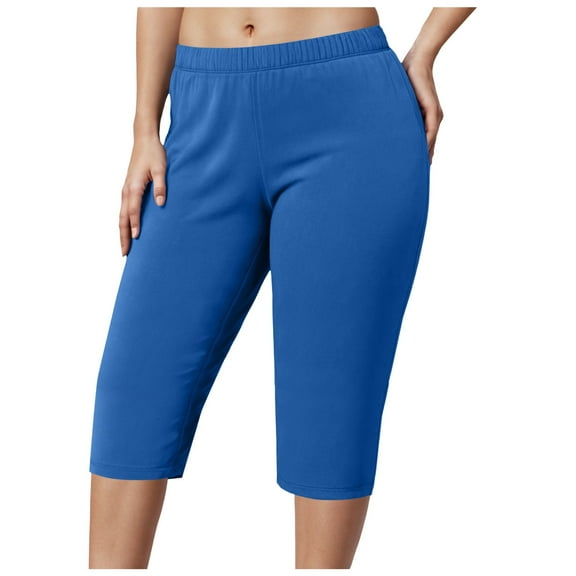 zaveiop Women Capri Pants Plus Size Stretch Knee Length Leggings Elastic Waist Casual Summer Ladies Pull on Capris (Blue, L)