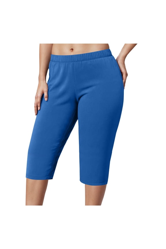 Women Capri Pants Plus Size Stretch Knee Length Leggings Elastic Waist Casual Summer Ladies Pull on Capris (Blue, XXL)