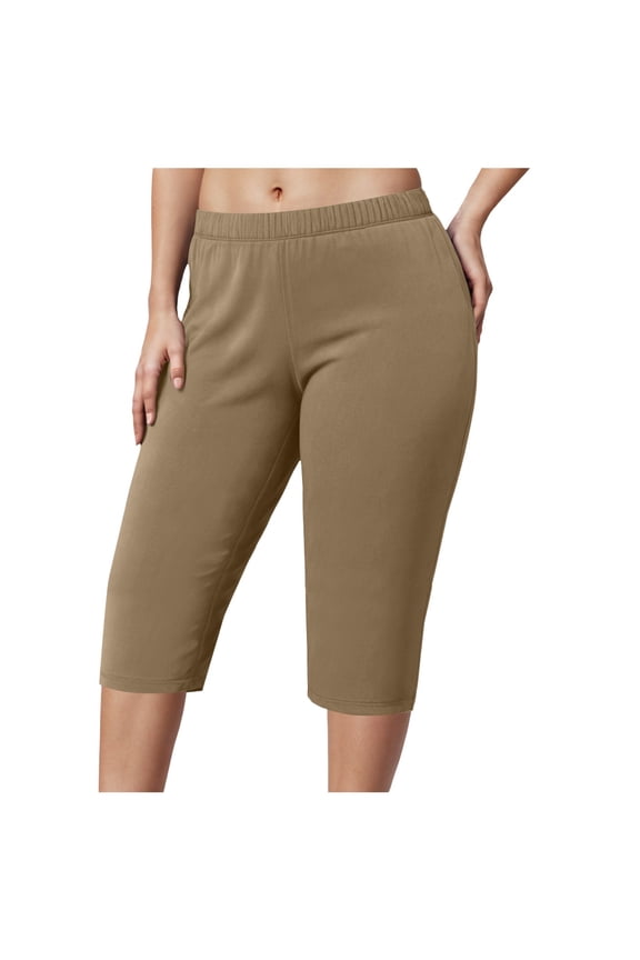 Women Capri Pants Plus Size Stretch Knee Length Leggings Elastic Waist Casual Summer Ladies Pull on Capris (Khaki, L)