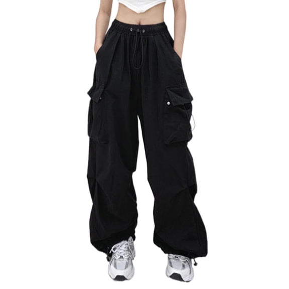 zaveiop Women Cargo Pants Baggy Y2K Clothing Multi Pockets High Waist Loose Straight Leg Pants Vintage Grunge Aesthetic Clothes (Black, M)
