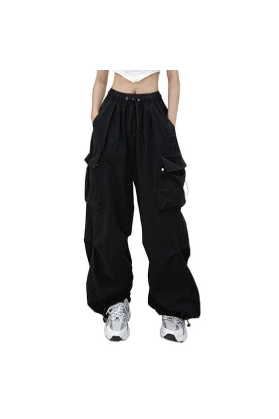 Women Cargo Pants Baggy Y2K Clothing Multi Pockets High Waist Loose Straight Leg Pants Vintage Grunge Aesthetic Clothes (Black, M)