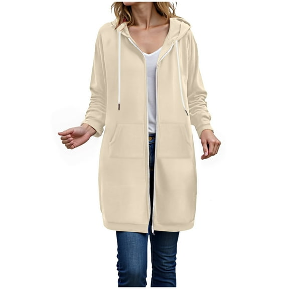 zaveiop Women Casual Zip up Polyester Hoodies, Long Hoodie Jackets Long Sleeve Sweater Dress with Side Pockets (Beige, M)