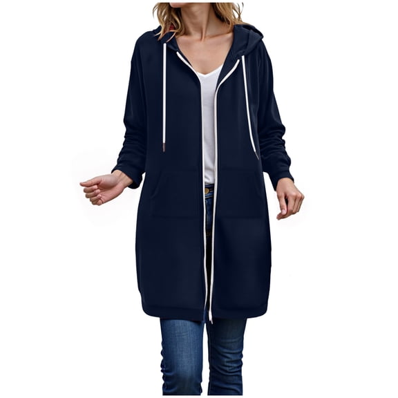 zaveiop Women Casual Zip up Polyester Hoodies, Long Hoodie Jackets Long Sleeve Sweater Dress with Side Pockets (Navy, XXL)