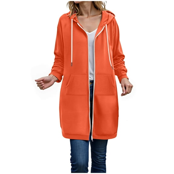 zaveiop Women Casual Zip up Polyester Hoodies, Long Hoodie Jackets Long Sleeve Sweater Dress with Side Pockets (Orange, M)