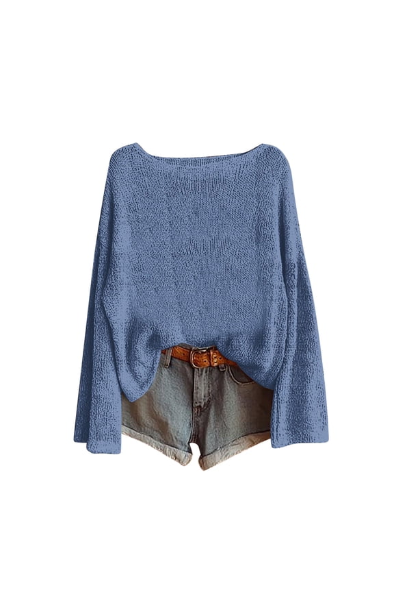 Women Dolman Batwing Sleeves Knitted Sweaters Winter Boat Neck Pullovers Tops (Blue, S)