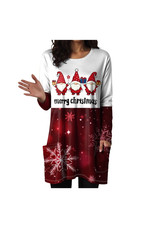 Women Dress Shirt Christmas Long Sleeve Tops Santa Printed Pullover Loose Plus Size T-Shirt Blouse with Pockets (Z-Wine, XL)