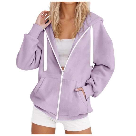 zaveiop Women Fashion Zip up Sweatshirt Hoodies Casual Fall Y2k Long Sleeve Coats Solid Color Loose Jacket with Pockets (Z3-Light Purple, M)