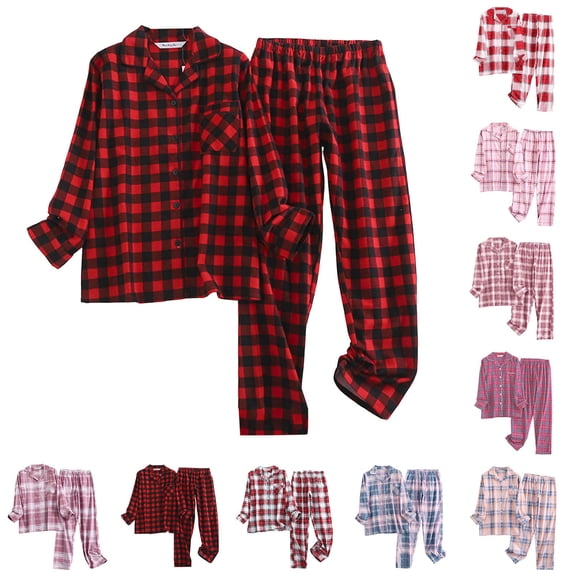 zaveiop Women Flannel Pajamas Set - Long Sleeve Top and Bottom - Ladies Lightweight Flannel PJs (Red2, L)