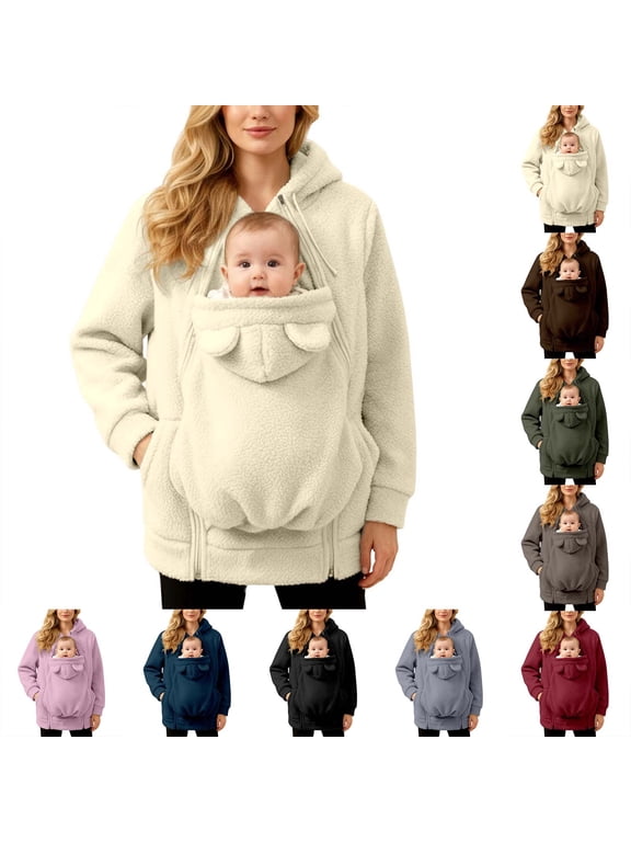 Women Fleece Zip up Hoodie 2 in 1 Baby Wearing Jacket Maternity Winter Coat Thicken Kangaroo Sweatshirt Baby Wearing Outerwear (Pink, S)
