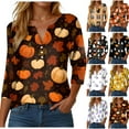 thumbnail image 1 of zaveiop Women Halloween Sales 3/4 Sleeve Tops Fall Blouse V Neck Maple Leaf Pumpkin Print Casual Loose Fit T Shirts Fashion Outfits (Yellow, XXL), 1 of 5