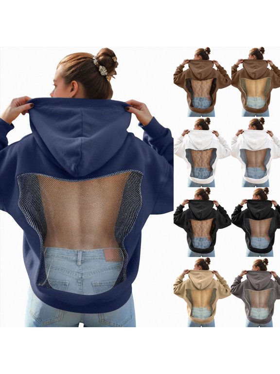Women Hoodie Sweatshirt Sexy Backless Fishnet Hoodie Sequin See Fishnet Mesh Pullover with Pocket Size L