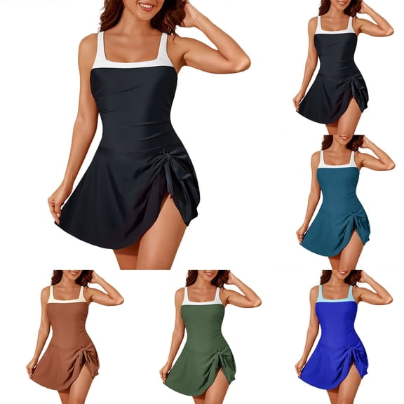 zaveiop Women One Piece Swimsuit Tummy Control Swim Dress Color Block Modest Bathing Suit Retro Swim Suit Skirt (Navy, M)