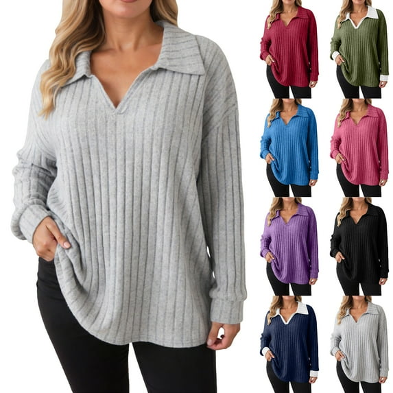 zaveiop Women Plus Size Casual Knit Sweater Lapel V Neck Solid Color Tops Lightweight Long Sleeve Blouses (Red, XL)