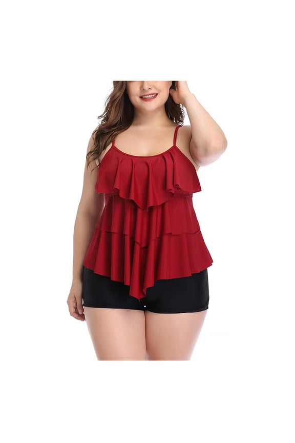 Women Plus Size Tankini Swimsuits Tummy Control Two Piece Bathing Suit Ruffled Flounce Swimwear with Shorts (Wine, XXL)
