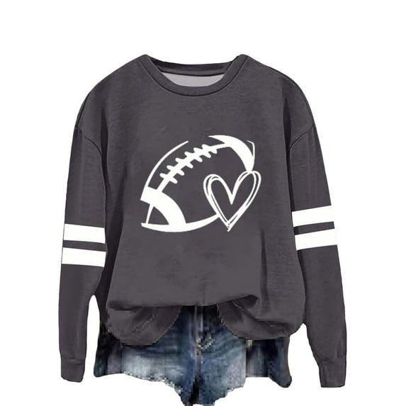zaveiop Women Sports Shirt Football Graphic Long Sleeve Sweatshirt Football Print Pullover Hoodies (Grey, XL)