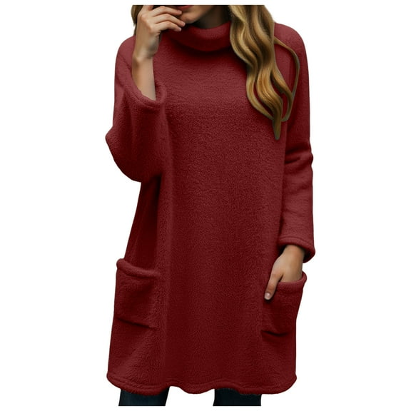 zaveiop Women Sweaters 2025 Mock Turtleneck Fall Winter Warm Sweater Plus Size Tunic Pullover Tops with Pockets (Wine, XXL)