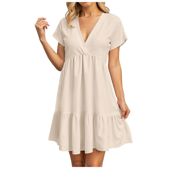 zaveiop Women V Neck Mini Babydoll Dresses 2025 Summer Flowy Short Sleeve Swing Shift Loose Casual Tunic Dress Beach Sundress (Beige, Z1-Beige)