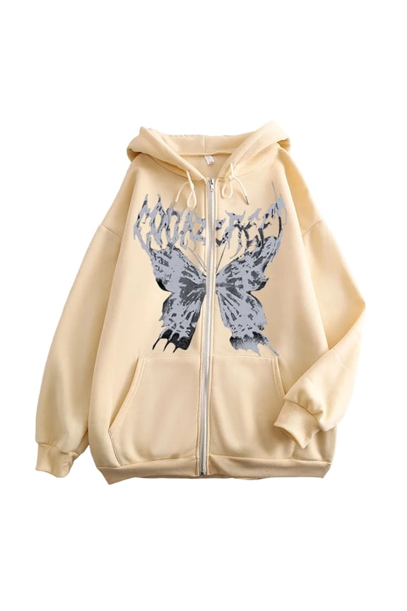 Women Zip up Oversized Hoodie Skeleton Butterfly Gothic Emo Grunge Jacket Alt Graphic Baggy Dark Academia 90s (Khaki, S)