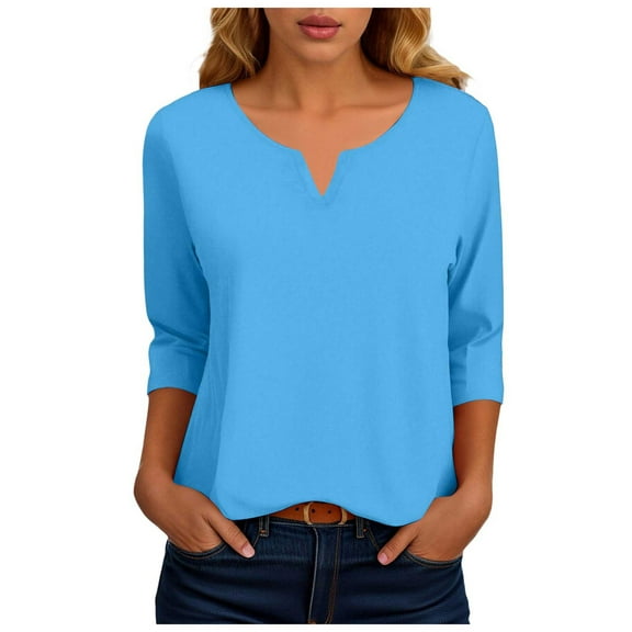 zaveiop Women's 3/4 Sleeve V Neck T Shirts Ruffle Sleeve Casual Tops (Z1-Sky Blue, L)