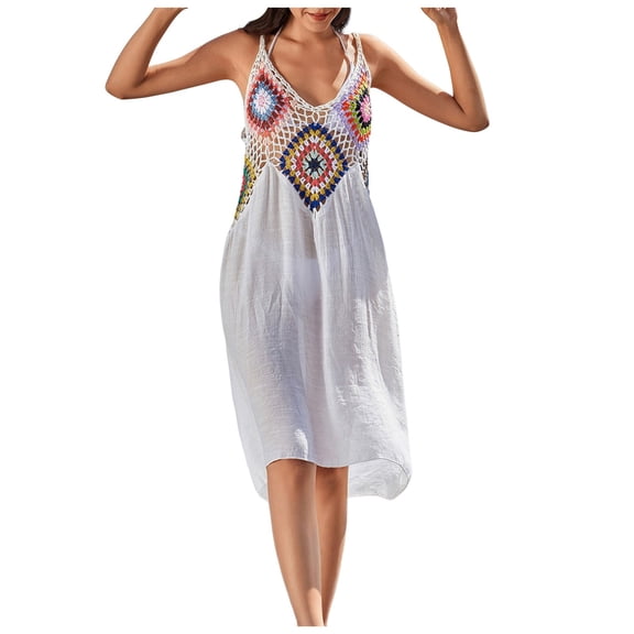 zaveiop Women's Boho Crochet Beach Dress - Summer Splicing Colorful Pattern V Neck Cover up Hollow Bikini Tunic (White, One Size)