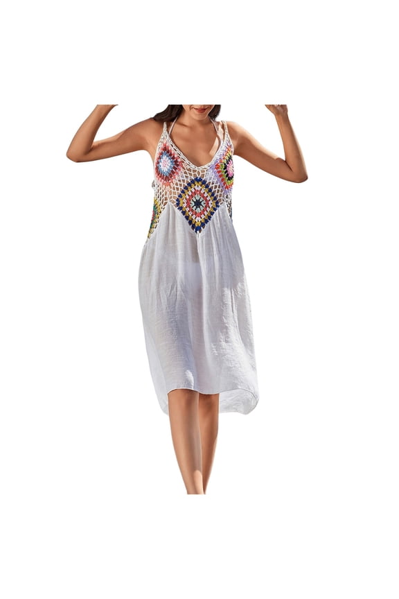 Women's Boho Crochet Beach Dress - Summer Splicing Colorful Pattern V Neck Cover up Hollow Bikini Tunic (White, One Size)