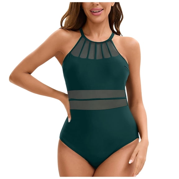 zaveiop Women's Breathable One Piece Bathing Suit Spring Break Cami Beachwear Cheeky High Neck Brief Mesh Bathing Suit (Green, M)