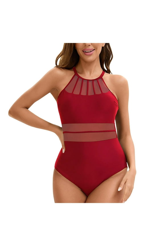 Women's Breathable One Piece Bathing Suit Spring Break Cami Beachwear Cheeky High Neck Brief Mesh Bathing Suit (Red, XXL)