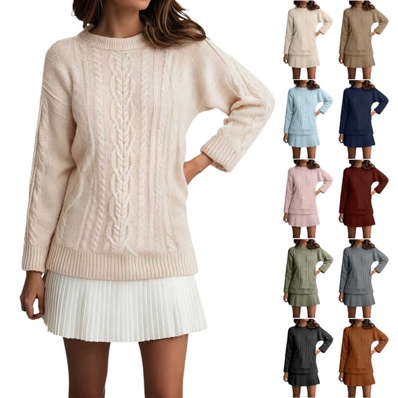 zaveiop Women's Cable Knit Sweater Dress Causal Crew Neck Long Sleeve Patchwork Pleated Knit Pullovers Mini Dresses (Light Yellow, XL)