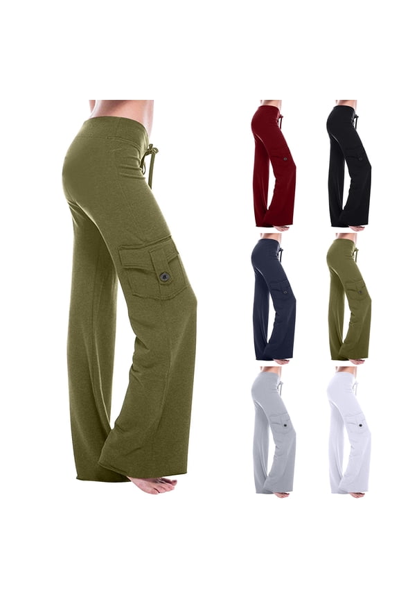 Women's Cargo Pants High Waist Fashion Plus Size Flared Elastic for Training Wide Leg Yoga Pants with Pockets (Green, S)