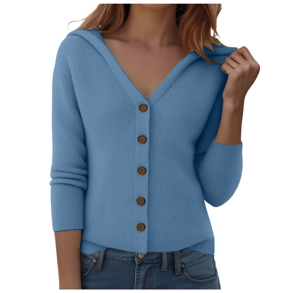 zaveiop Women's Casual Knitted Hooded Cardigan Solid Long Sleeve Button Down Loose 2025 Fall Sweater (Z1-Blue, M)