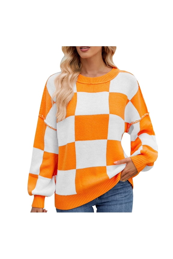 Women's Checkered Color Block Oversized Sweater Plaid Crew Neck Drop Shoulder Pullovers (Orange, L)