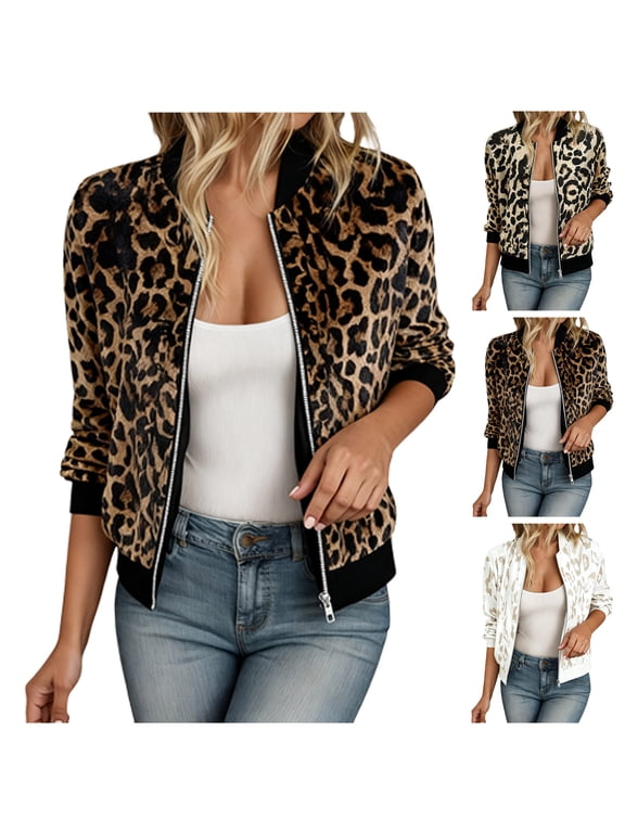 Women's Cheetah Print Zip up Jacket Long Sleeve Casual Lightweight Bomber Jackets Outerwear (White, M)